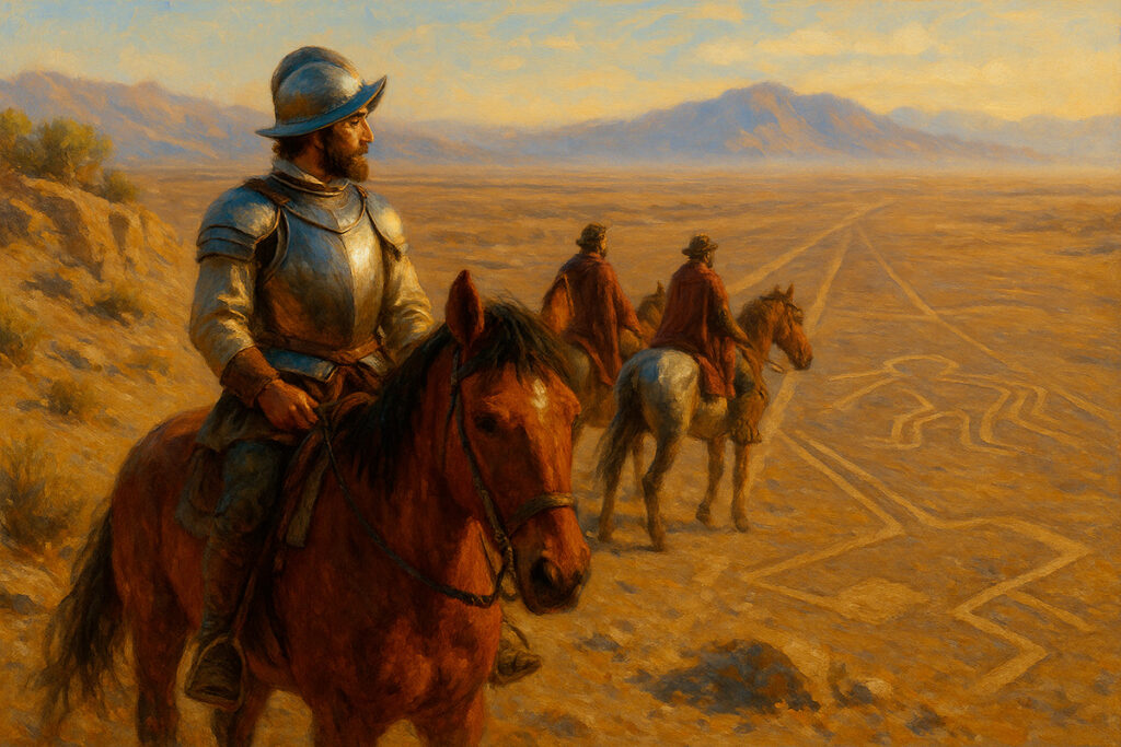 Pedro Cieza de León y otros conquistadores españoles a caballo observando las líneas de Nazca desde una colina.