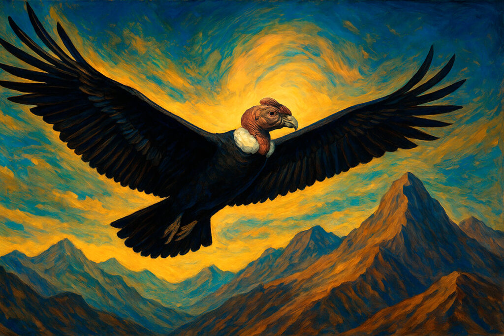 Pintura de un cóndor macho andino en pleno vuelo sobre la cordillera, con cresta prominente y alas extendidas, iluminado por un resplandor dorado que simboliza el Hanan Pacha y la justicia cósmica