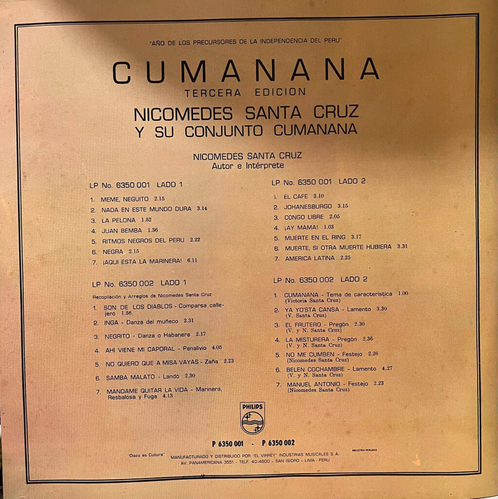 Carátula del disco “Cumanana” de Nicomedes Santa Cruz y su Conjunto Cumanana, tercera edición, con listado de temas en ambos lados del vinilo