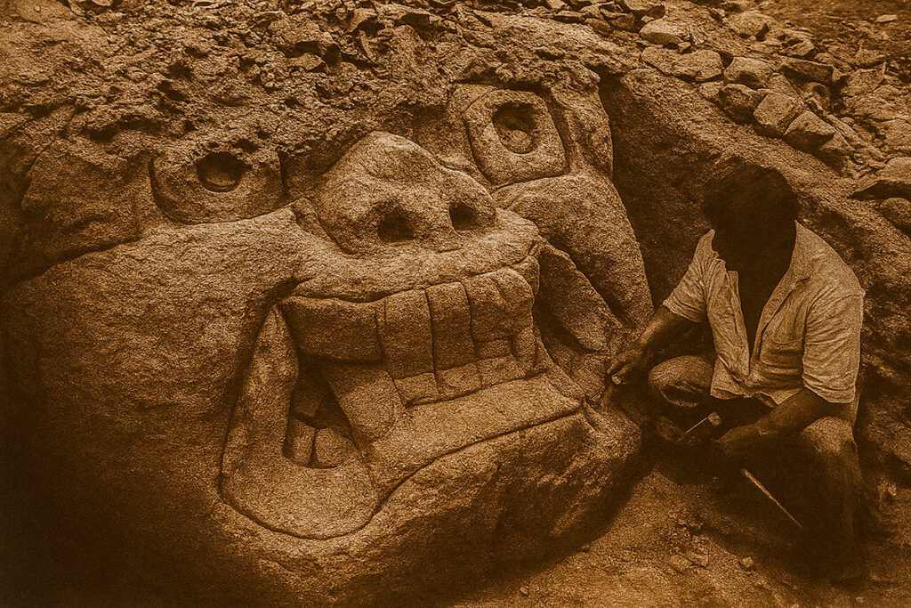 Escultura de rostro felínico tallada en piedra, atribuida a la cultura Cupisnique