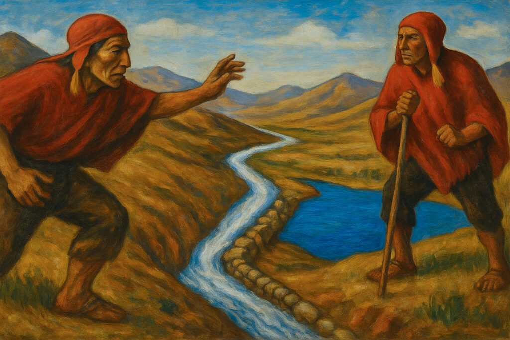 Pintura de estilo andino que representa la disputa entre los Machus de Acopía y Pomacanchi por las aguas de Yana Qucha