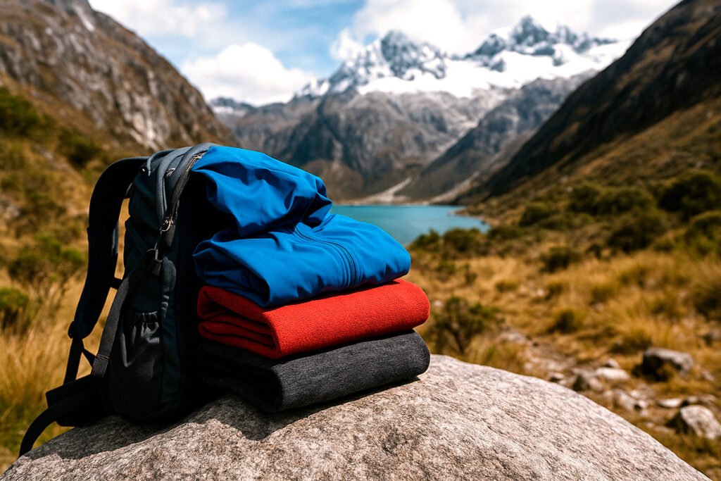 mochila de trekking con tres capas de ropa frente a montañas nevadas y laguna andina