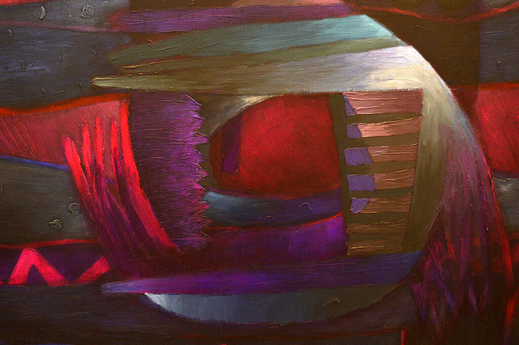 Obra abstracta de Fernando de Szyszlo con paleta de rojos, ocres y negros inspirada en símbolos precolombinos