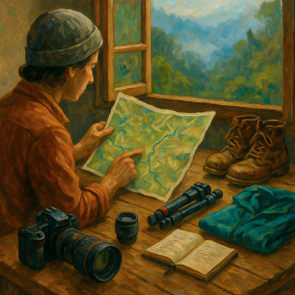 ilustración pictórica de fotógrafo planificando ruta en la ceja de selva peruana con equipo de viaje
