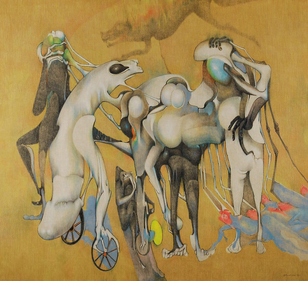 Pintura surrealista de Gerardo Chávez con figuras fantásticas y colores intensos