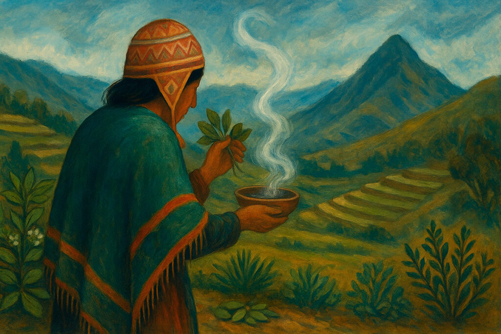 Curandero de los andes peruanos preparando remedios con plantas medicinales frente a un paisaje de terrazas y montañas.