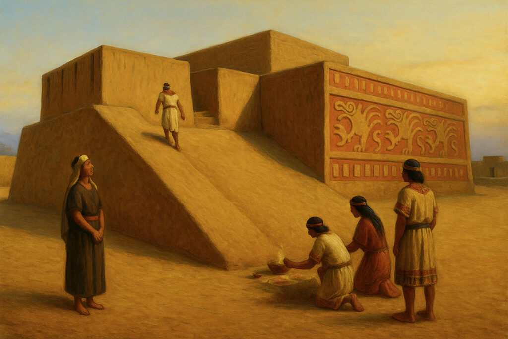 Representación pictórica de la Huaca El Dragón en época chimú, con relieves coloridos y personajes en ritual