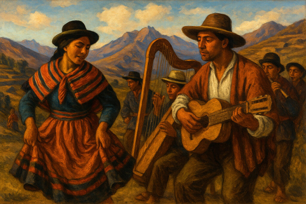 Músicos y bailarines andinos interpretando huayno con guitarra y arpa en un paisaje de montaña