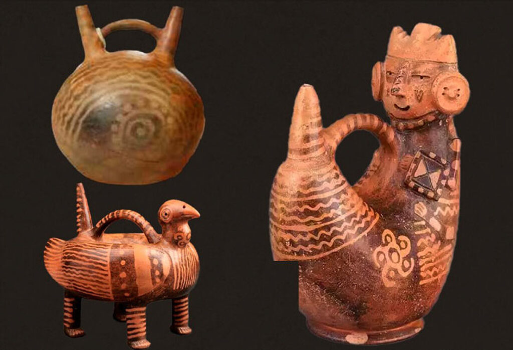 Vasijas de la cultura Virú con representaciones antropomorfas y zoomorfas que reflejan su cosmovisión religiosa y agrícola
