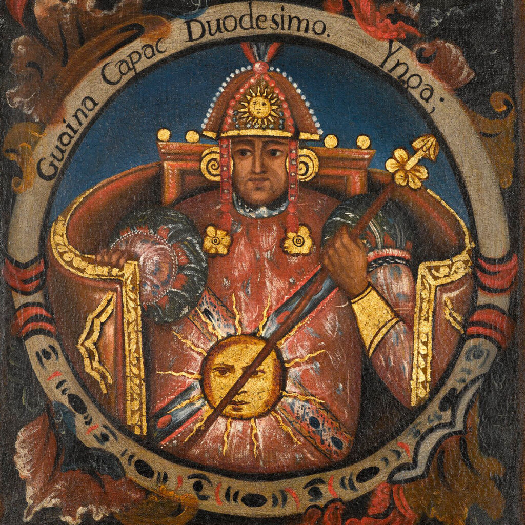 Pintura colonial de Huayna Cápac, duodécimo Sapa Inca, con escudo solar y atuendo real, gobernante en la etapa de mayor expansión del imperio