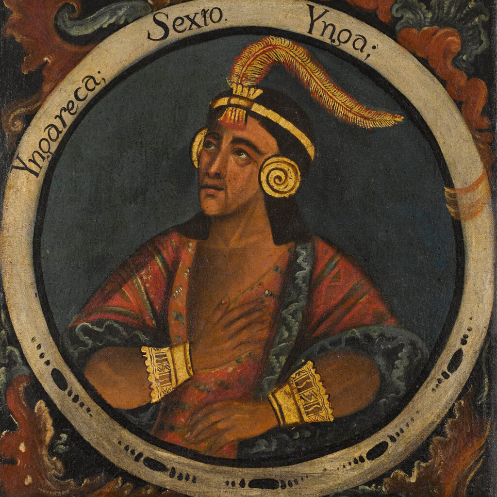 Pintura colonial de Inca Roca, sexto Sapa Inca, con mascaipacha y vestimenta real, fundador de la dinastía Hanan Cusco y promotor de la educación