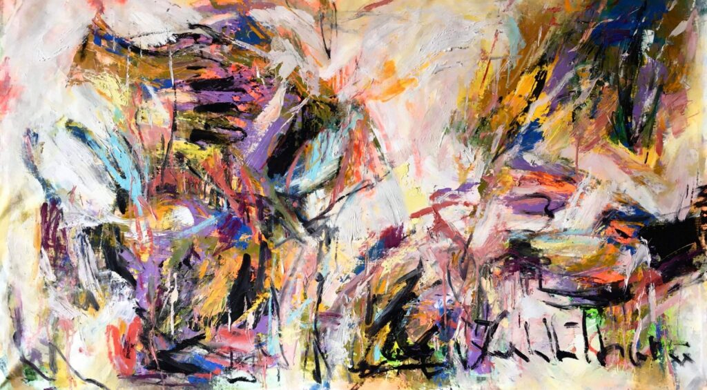 Pintura abstracta de Juan Carlos Zeballos con paisajes urbanos reinterpretados en colores vibrantes