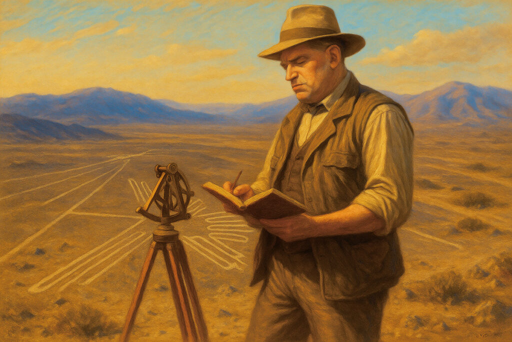 Paul Kosok tomando notas en el desierto de Nazca, con las líneas visibles en el suelo detrás de él