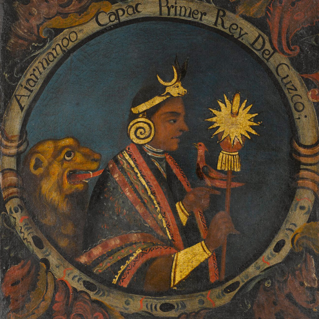 Pintura colonial de Manco Cápac, primer Sapa Inca, con atuendo real, vara dorada y símbolos solares que evocan su origen mítico en el lago Titicaca