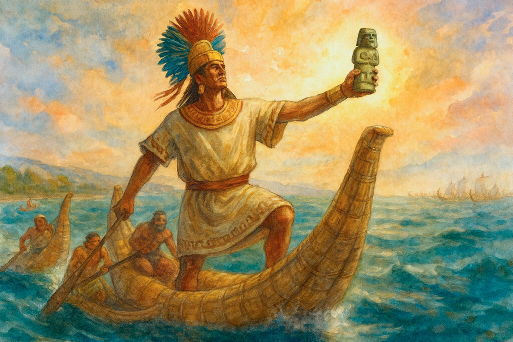 Ilustración pictórica de Naylamp llegando en una balsa de totora a la costa de Lambayeque, sosteniendo el ídolo Yampallec junto a su séquito