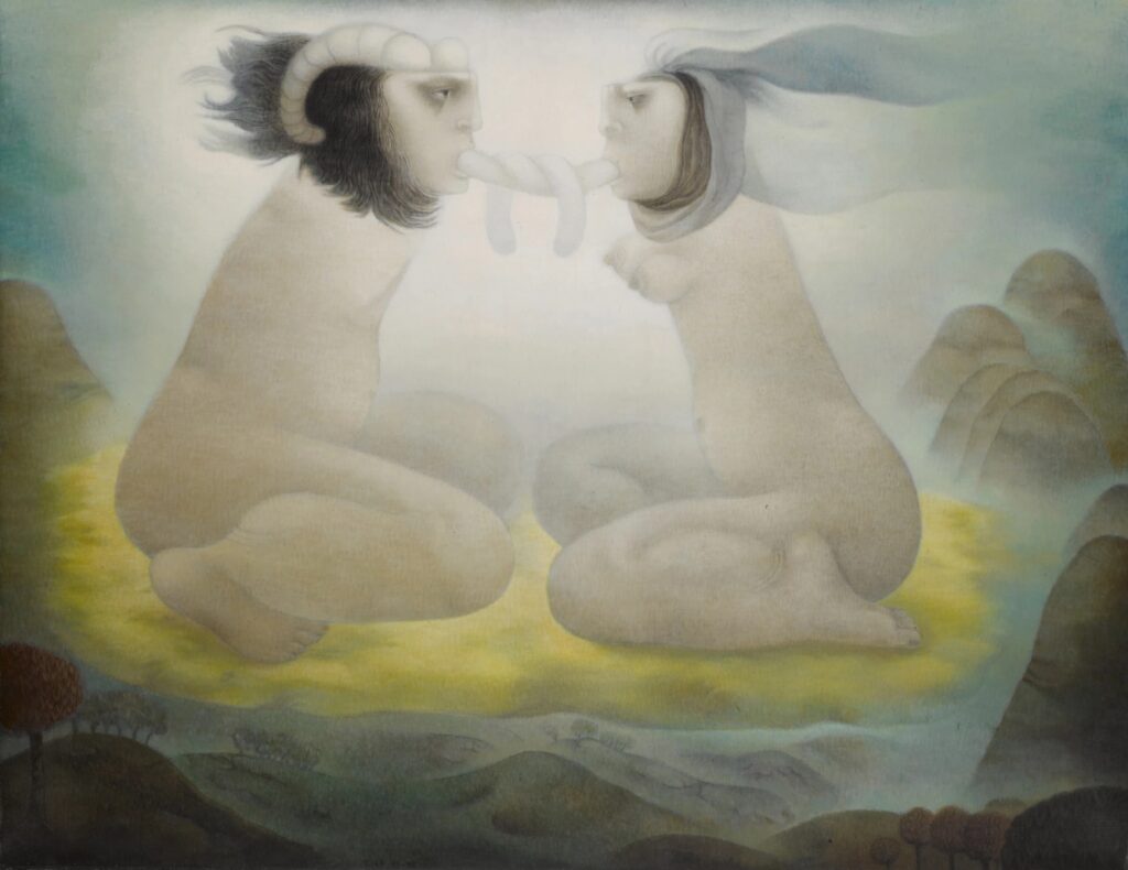 Pintura surrealista de Tilsa Tsuchiya con dos figuras femeninas en un entorno mítico y onírico