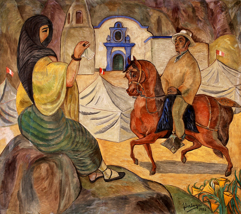 Pintura indigenista de José Sabogal con escena andina de mujer y jinete frente a una iglesia