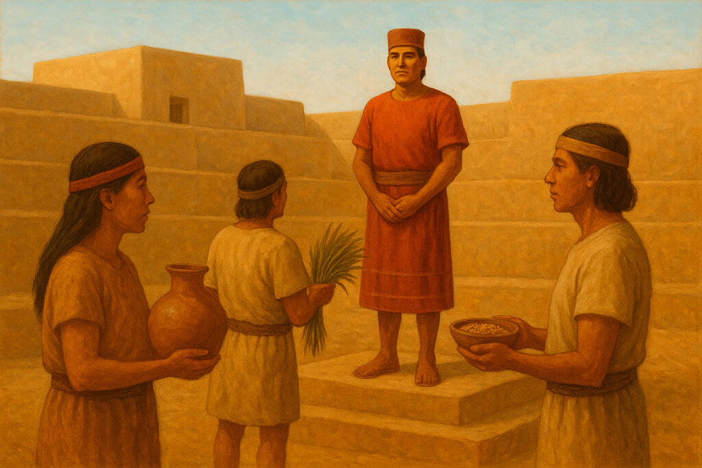 Ilustración de la cultura Virú mostrando a un gobernante en plataforma ceremonial recibiendo ofrendas de alimentos de la población
