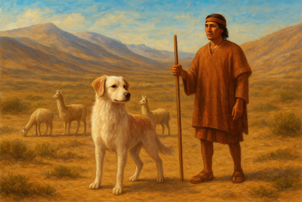 Ilustración pictórica del pastor Chiribaya con un pastor prehispánico en Moquegua, acompañado de llamas en un paisaje andino árido
