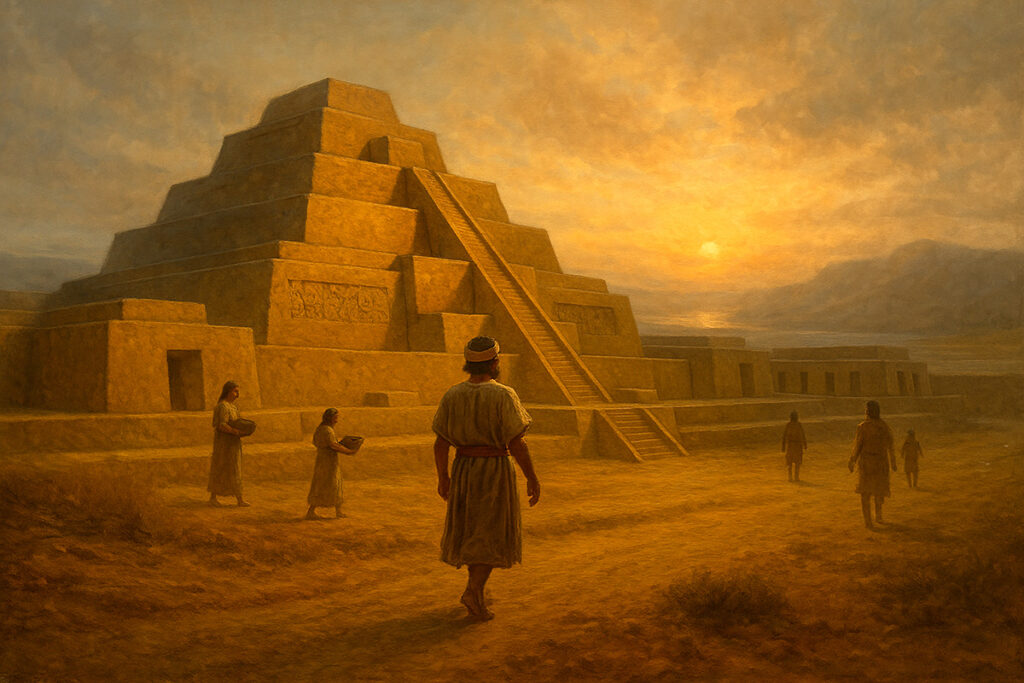 Render digital de templo cupisnique escalonado al atardecer, con figuras humanas en procesión ritual