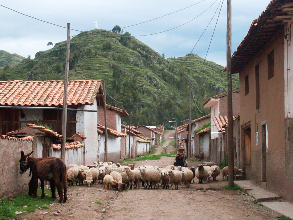 Calle de Pomacanchi con rebaño de ovejas y comuneros andinos entre casas tradicionales de adobe