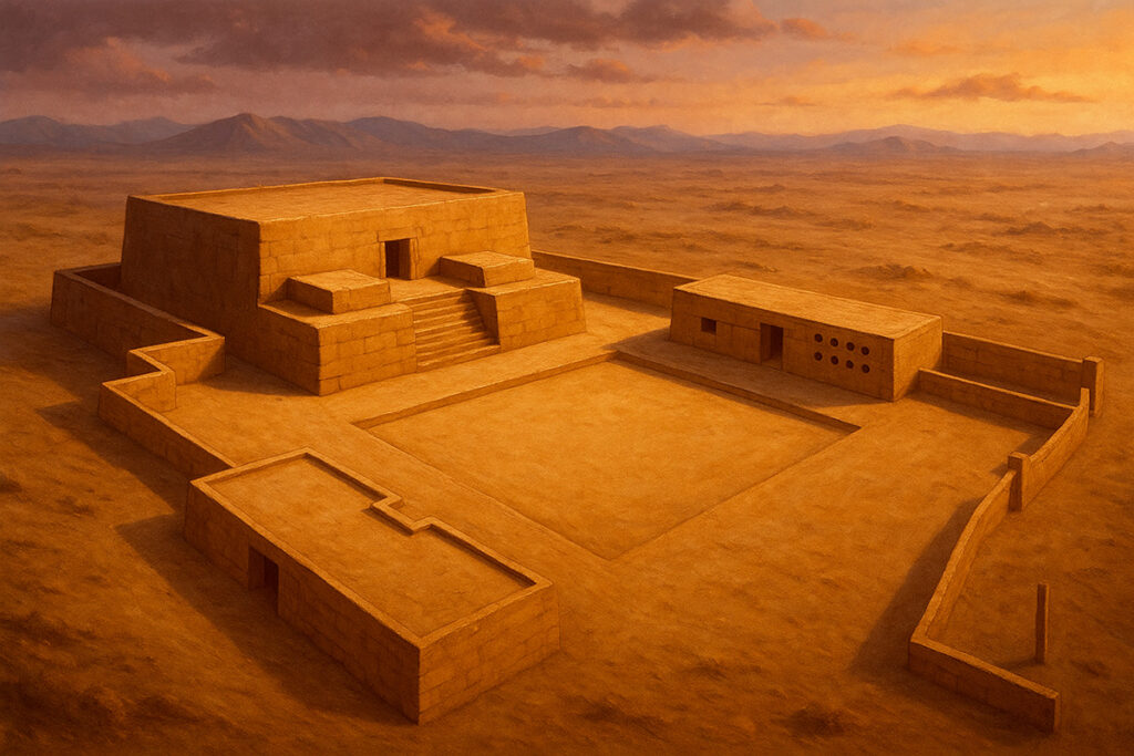 Ilustración del Templete de Limoncarro en el desierto costeño, arquitectura monumental con patios y plataformas simétricas