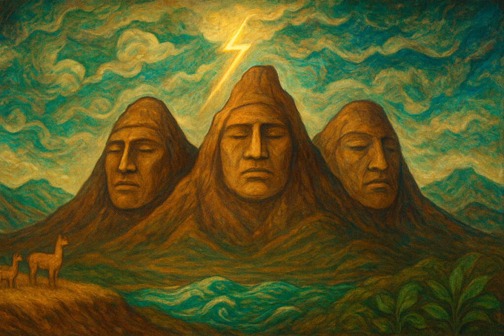 Ilustración alegórica de los cerros Marabamba, Rondos y Paucarbamba como Apus con rostros humanos, custodiando Huánuco bajo un cielo sagrado con un rayo de Pachacámac. En la base se insinúan símbolos de la puna, la costa y la selva