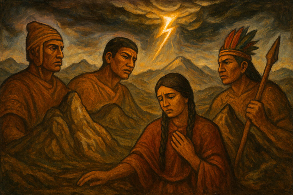 Pintura inspirada en la tradición andina que muestra a los tres guerreros Maray, Runtus y Páucar en el momento de su transformación en montañas por intervención de Pachacámac, con Cori Huayta al centro bajo un cielo tormentoso en Huánuco