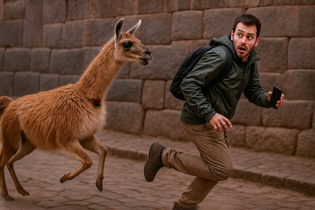 Llama persiguiendo a un turista en una calle empedrada con muros incas en Perú