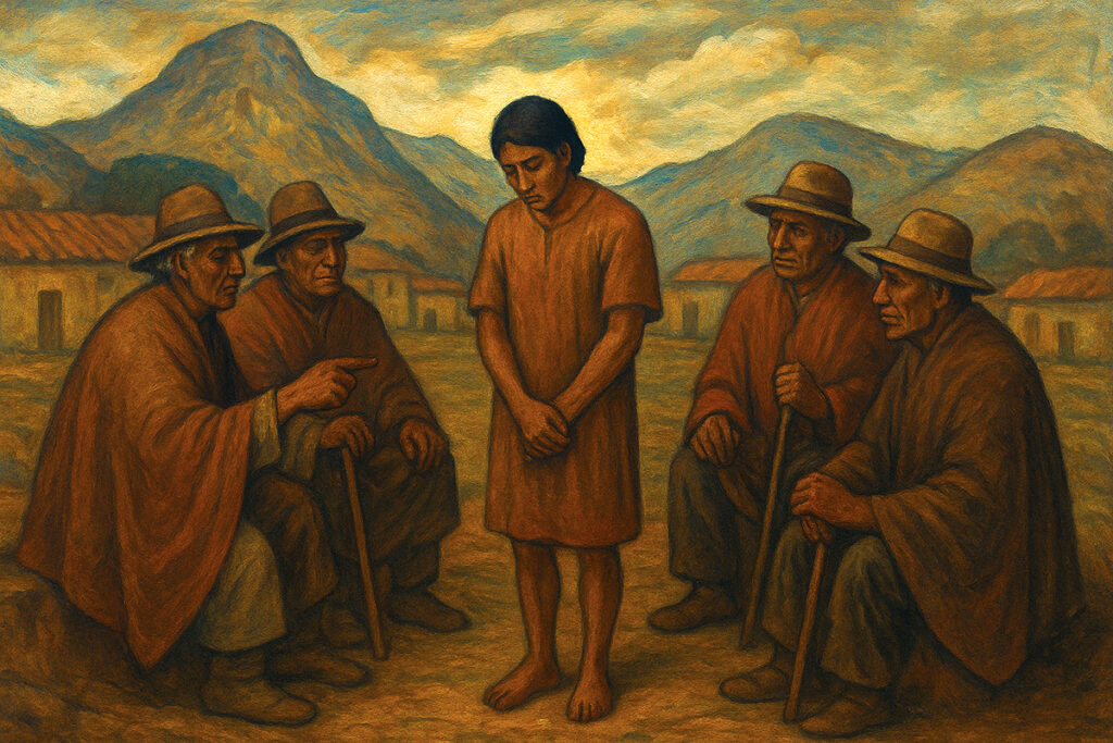 Pintura de un comunero juzgado por el consejo de ancianos o yayas en la sierra de Huánuco; los mayores, con ponchos y sombreros, dictan sentencia mientras el acusado se muestra cabizbajo en el centro