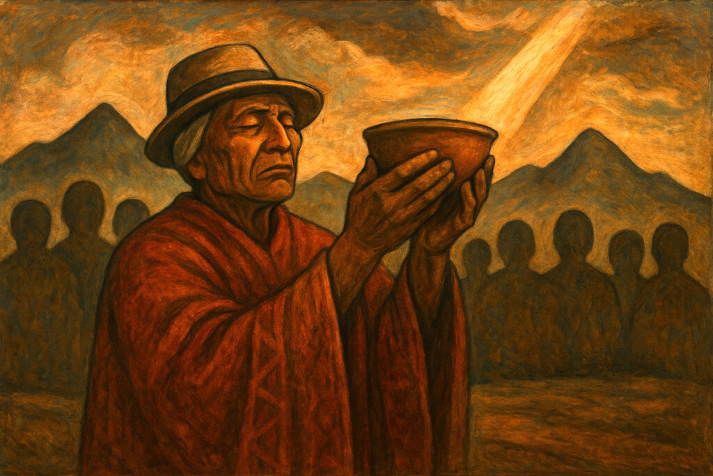 Pintura de un yaya andino con poncho y sombrero levantando un cuenco ceremonial hacia la luz, símbolo del ushanan-jampi como remedio último para la comunidad; al fondo, se distinguen montañas y siluetas de la colectividad
