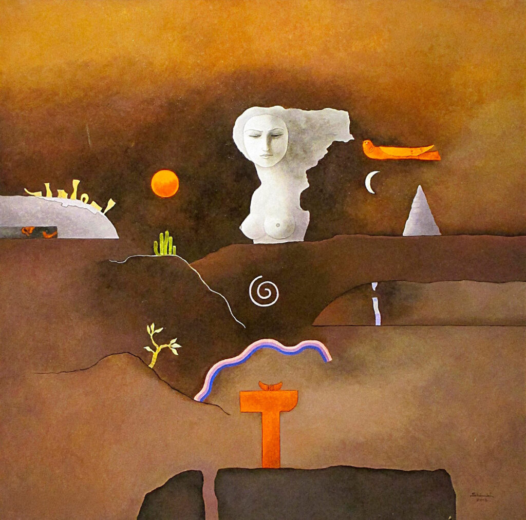 Obra de Venancio Shinki con atmósfera surreal y elementos prehispánicos en un paisaje onírico