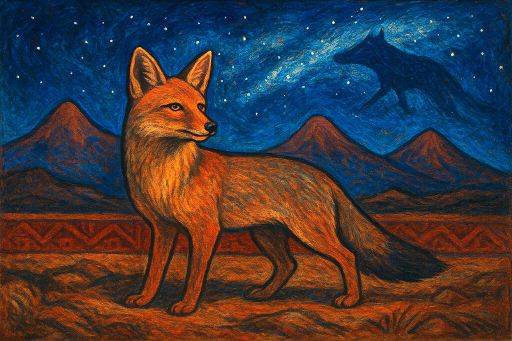 Representación pictórica del zorro andino en la cosmovisión andina, con montañas y la constelación Atoq en el cielo nocturno
