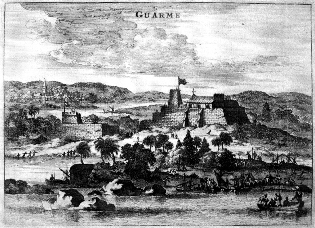 Grabado antiguo de Huarmey que muestra el paisaje costero y el complejo fortificado asociado al Castillo de Huarmey en la época colonial