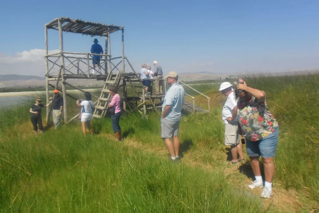 Turistas observando aves en una torre de avistamiento en las Lagunas de Mejía