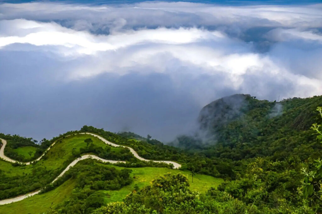 Vista panorámica de los bosques nublados de Udima con colinas verdes y neblina cubriendo los valles en Cajamarca