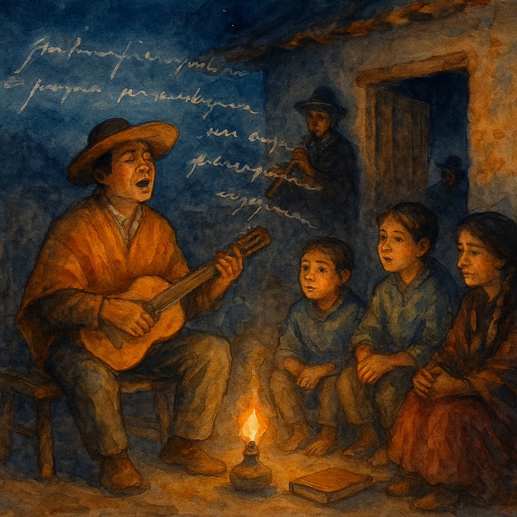 Hombre toca la guitarra mientras canta un yaraví frente a niños y mujeres en una escena nocturna andina