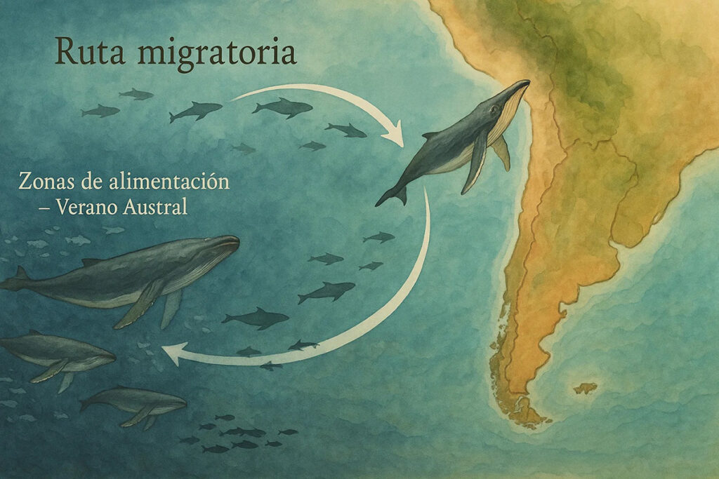 Ilustración del ciclo migratorio de las ballenas jorobadas entre la Antártida y la costa norte del Perú