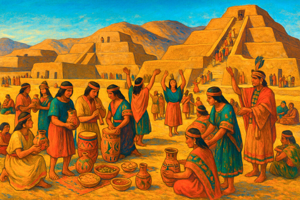 Representación pictórica de rituales en Cahuachi con música, danza y ofrendas nazca
