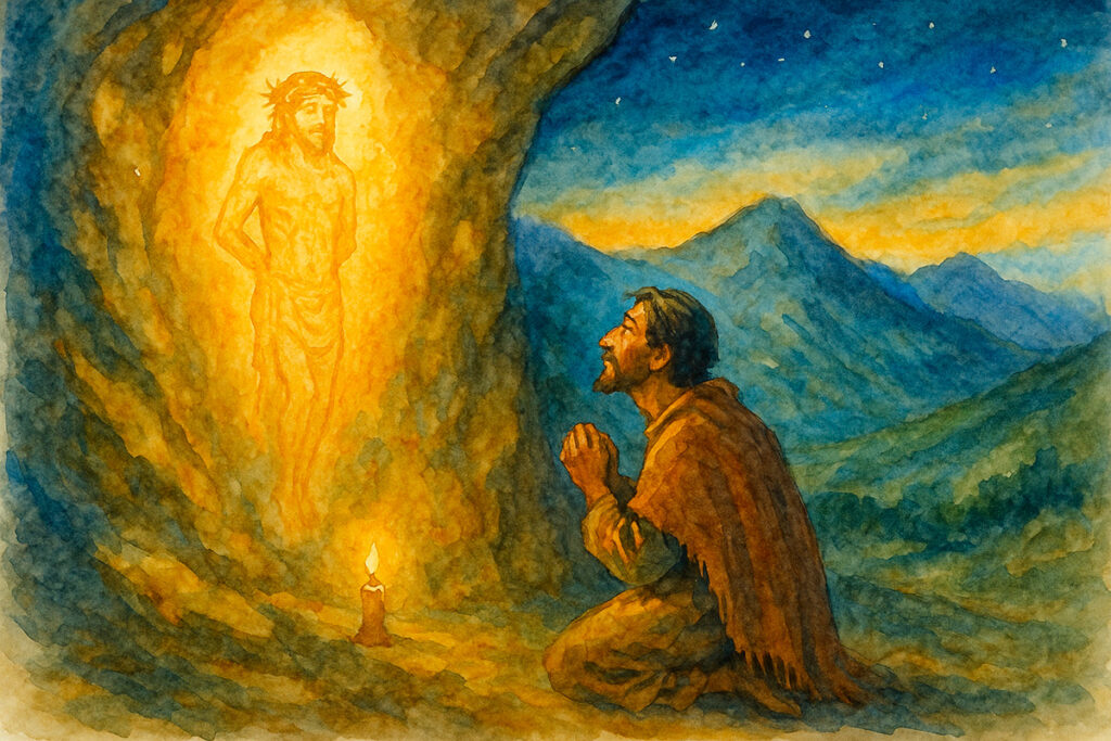 ilustración en acuarela de Diego Quispe arrodillado frente a la aparición del Señor de Huanca en una roca en Cusco