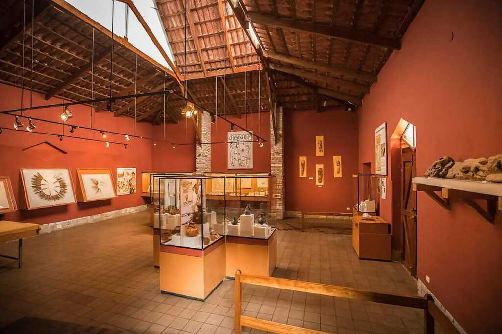 Sala interior del Museo de Leymebamba con vitrinas de exhibición y piezas arqueológicas de la cultura Chachapoya en la región Amazonas