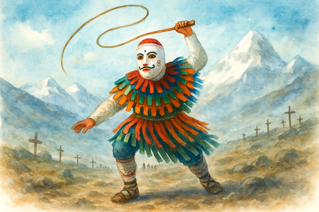 Ukuku con látigo y vestimenta multicolor en acuarela, durante la peregrinación al Qoyllurit’i en los Andes peruanos