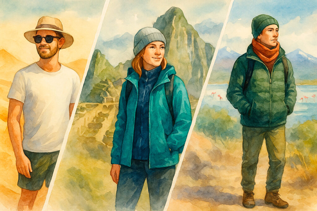 Ilustración en acuarela de turistas mostrando vestimenta para viajar en temporada baja en Perú: ropa ligera, en capas e impermeable