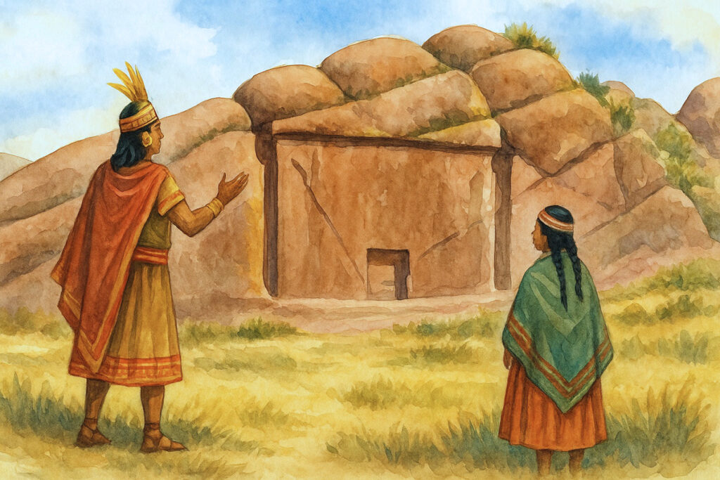 Ilustración en acuarela del portal de Aramu Muru con dos personajes andinos observando la roca sagrada en el altiplano