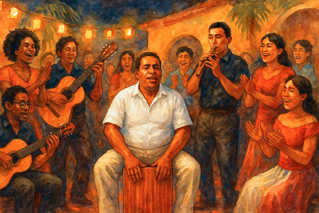 Músicos afroperuanos tocando cajón, guitarras y quena en una fiesta con coro de palmas