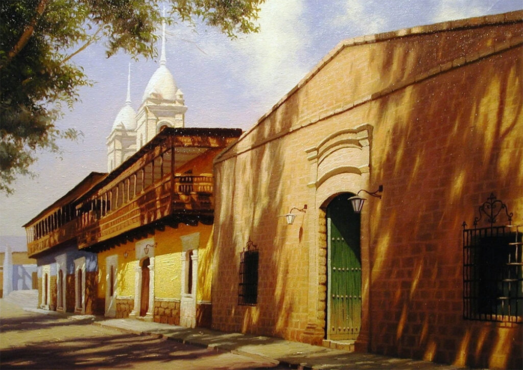 Casonas coloniales y balcones de madera en el centro histórico de Moquegua bajo la luz del atardecer