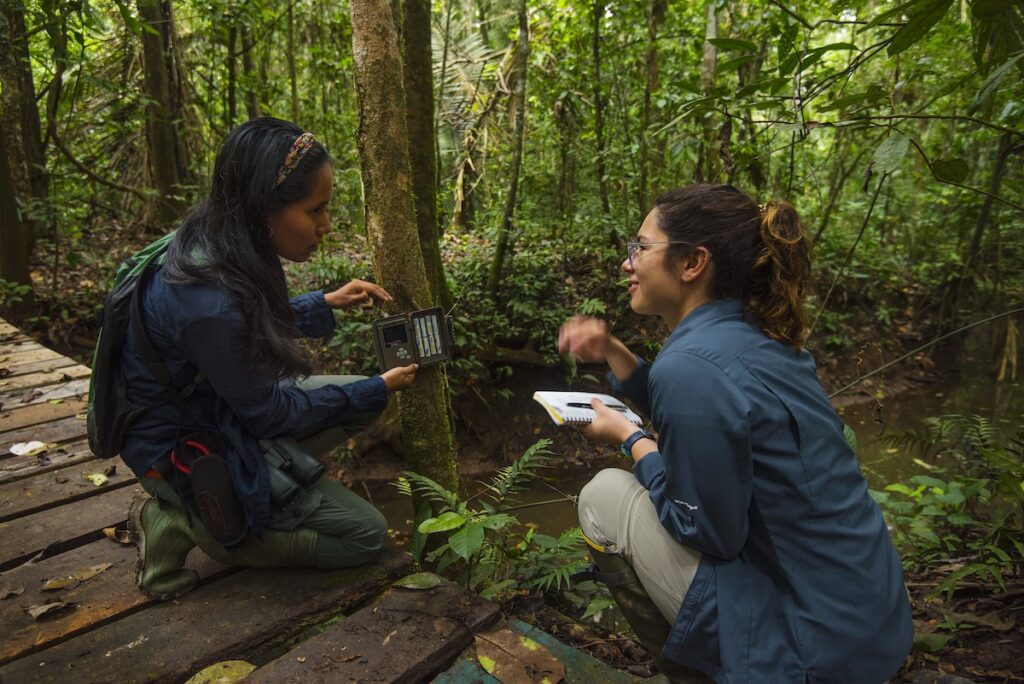 Investigadoras realizan mediciones de campo en la estación biológica Cocha Cashu, dentro del Parque Nacional del Manu, registrando datos sobre el ecosistema amazónico