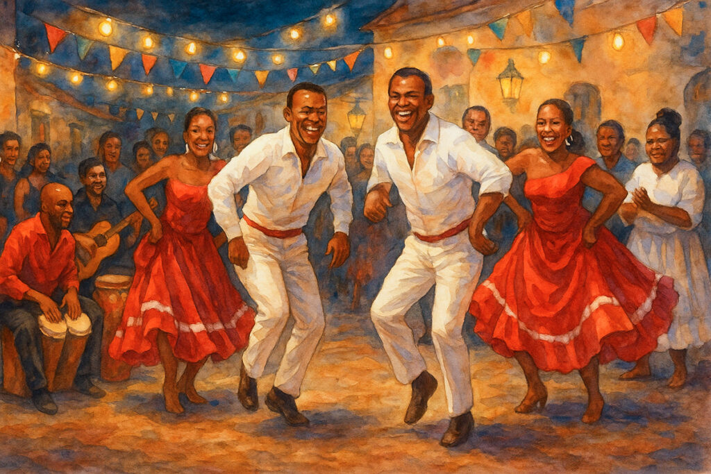 Bailarines de festejo afroperuano en una fiesta popular con músicos y cajón