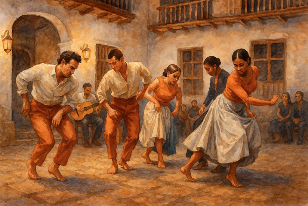 Parejas bailando landó afroperuano con pasos pausados y gestos de complicidad
