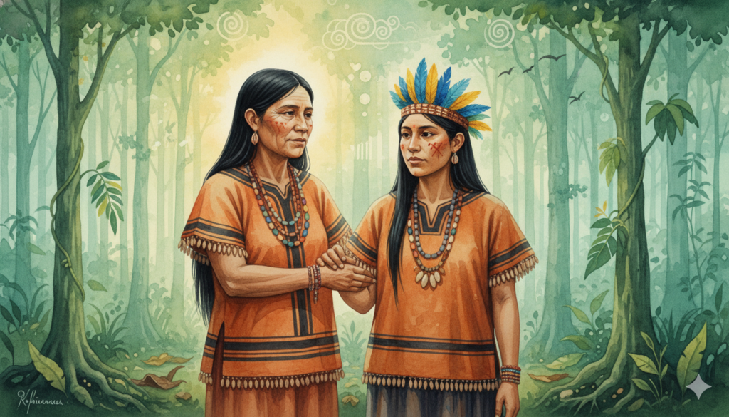 Ilustración simbólica de una madre y una hija yánesha en la selva central del Perú, con atuendos tradicionales y entorno amazónico que representa la conexión entre generaciones y naturaleza